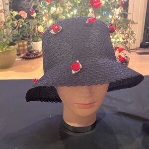Navy Blue Bucket Hat with Red Rose Accents